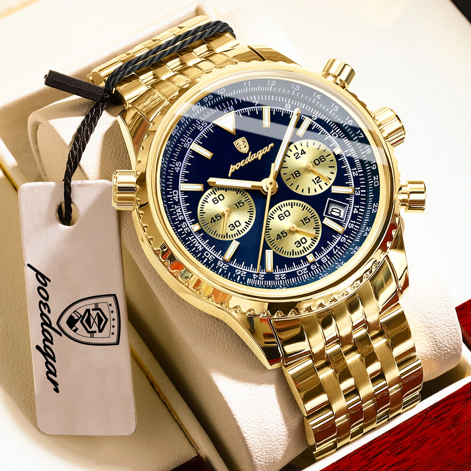 Relógio Masculino Casual (dourado E Azul), Com Indicação De Horas, Data, À Prova D'água E Movimento Luminoso, De Quartzo.