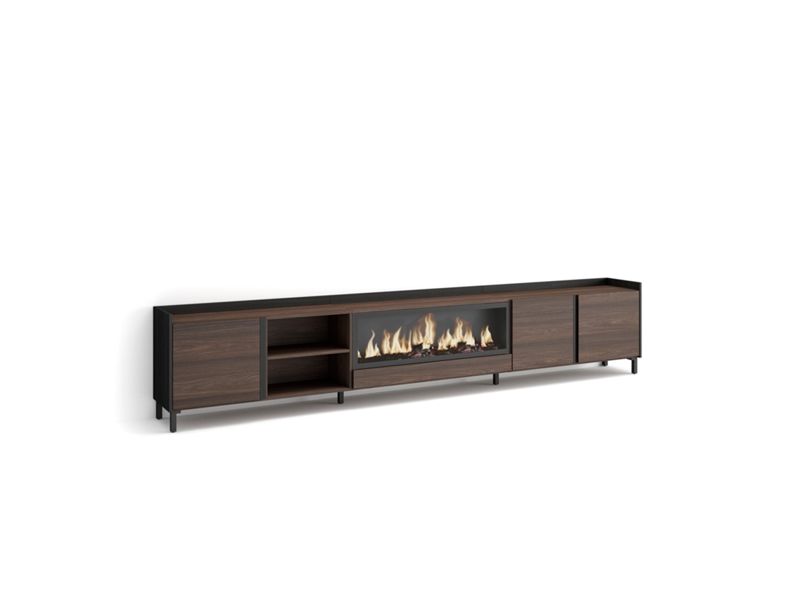 Móvel De Tv, 315x35x61cm, Para Televisores Até 80", Lareira Eléctrica Xxl, Design Industrial, Carvalho Escuro E Preto