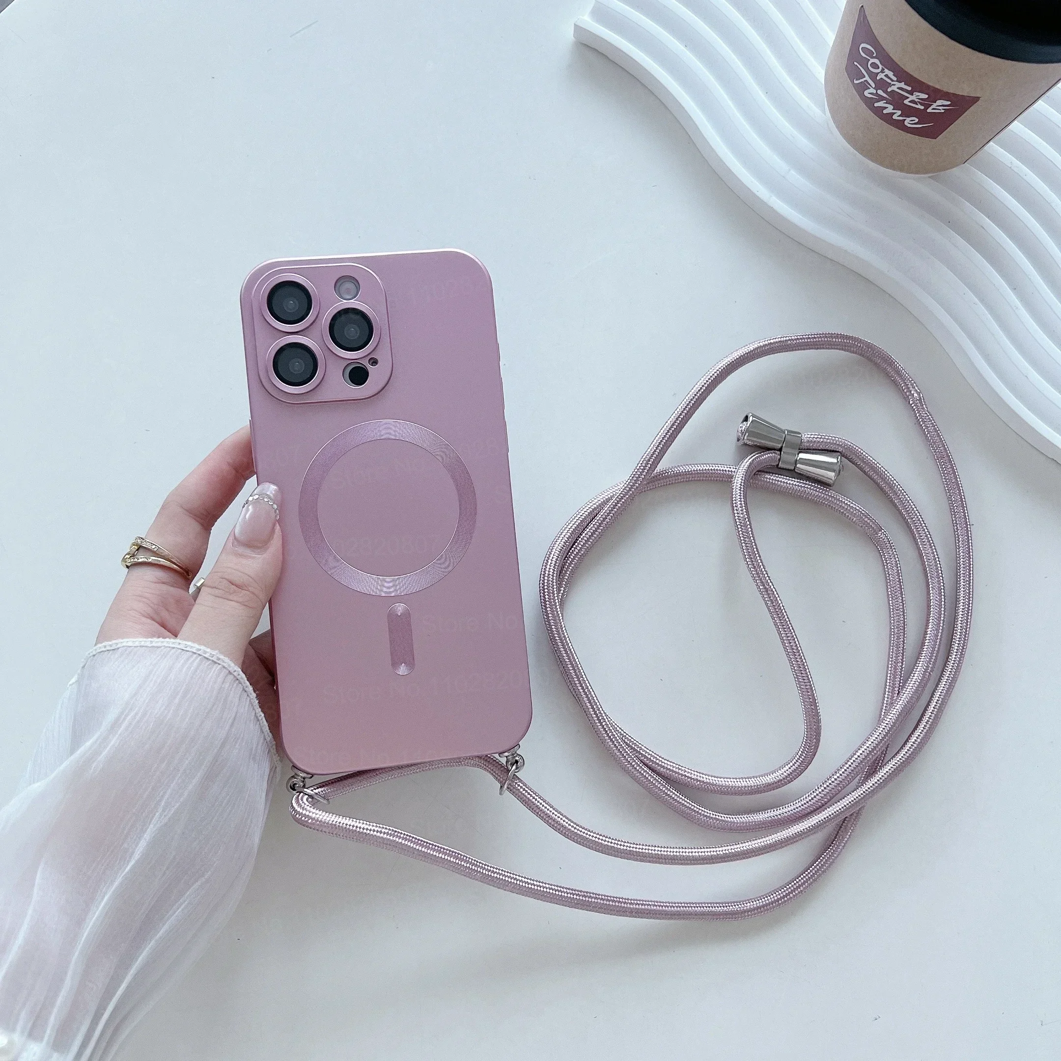 (rosa, Iphone 16 Pro) Capa Magnética Para Celular Com Alça Transversal E Cordão Fosco Resistente A Impactos.