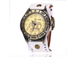 Relógio de pulso unissex de quartzo com mostrador grande CCQ em bronze e couro PU (branco)