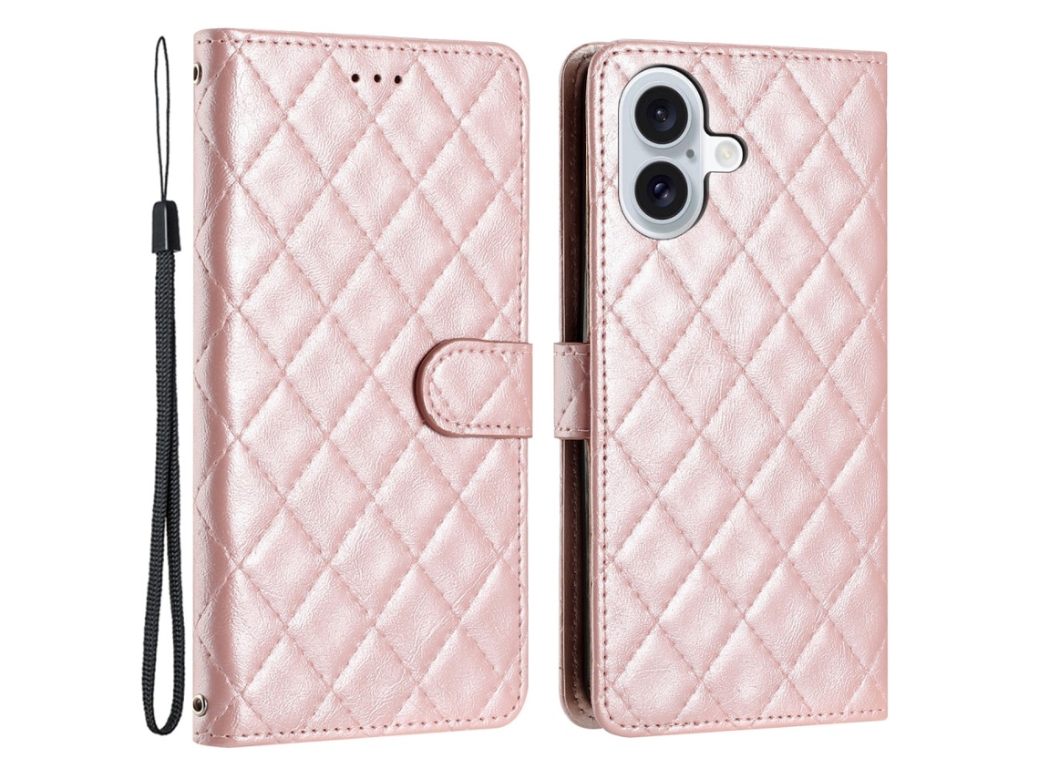 Capa Em Couro Pu Para Iphone 16 Ouro Rosa
