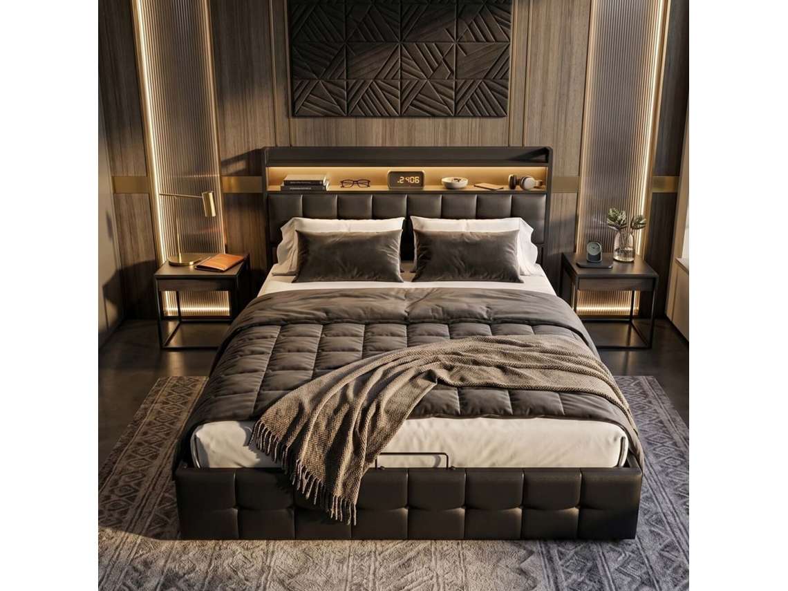 Cama de Casal Pele com Led RGB e Hidráulico 140x190cm LAZYSPACE