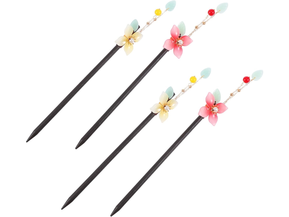 Conjunto de 4 presilhas de cabelo chinesas com flores e pompons, em madeira esmaltada vintage.