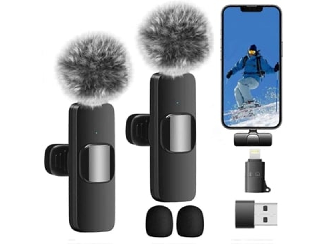 Microfone de lapela sem fio para Android/PC, pacote com 2 mini microfones com cancelamento de ruído Panoona