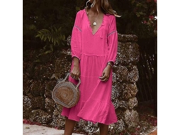 2026 vestido Midi de Verano para Mulher de Cor Sólida com Gola em V e Manga 3/4