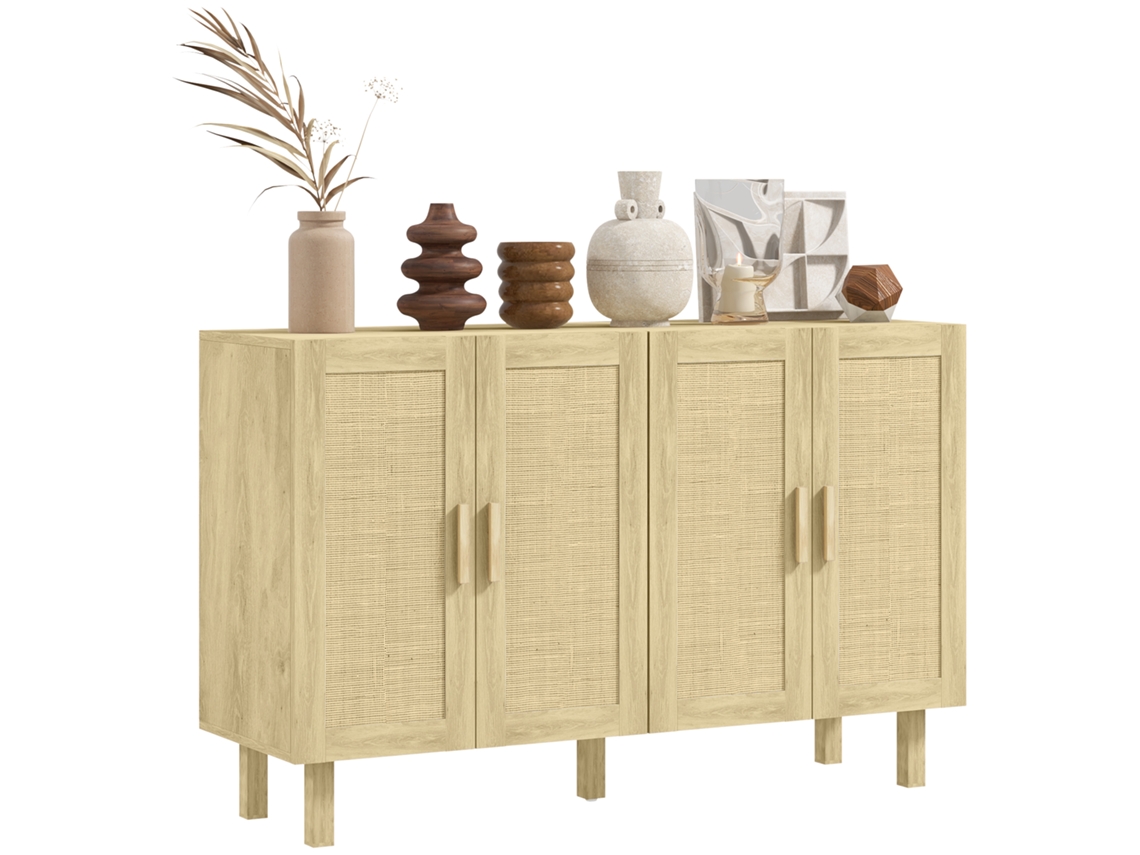 Aparador de Sala com 4 Portas, Rede em Vime e Prateleiras 120x39.5x76cm Madeira BTFORUS