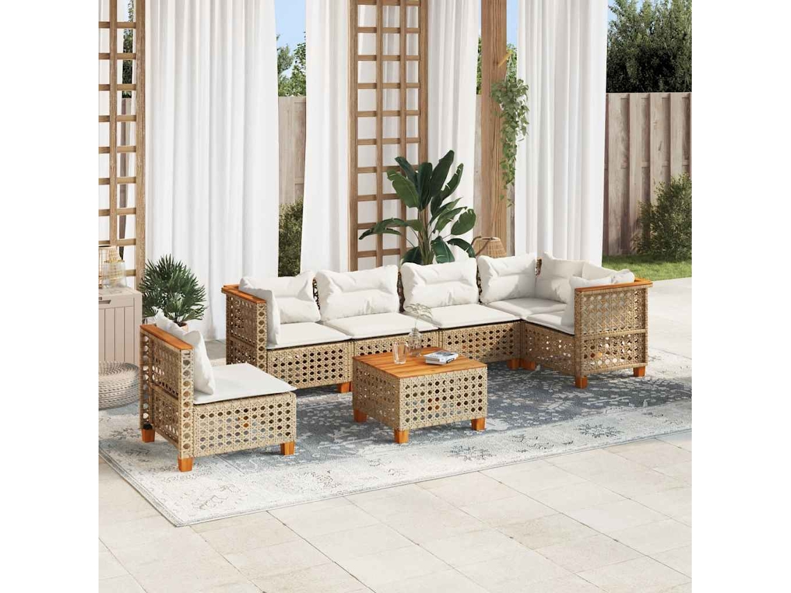 Vidaxl 7 Pcs Conjunto De Sofás P/ Jardim Com Almofadões Vime Pe Bege