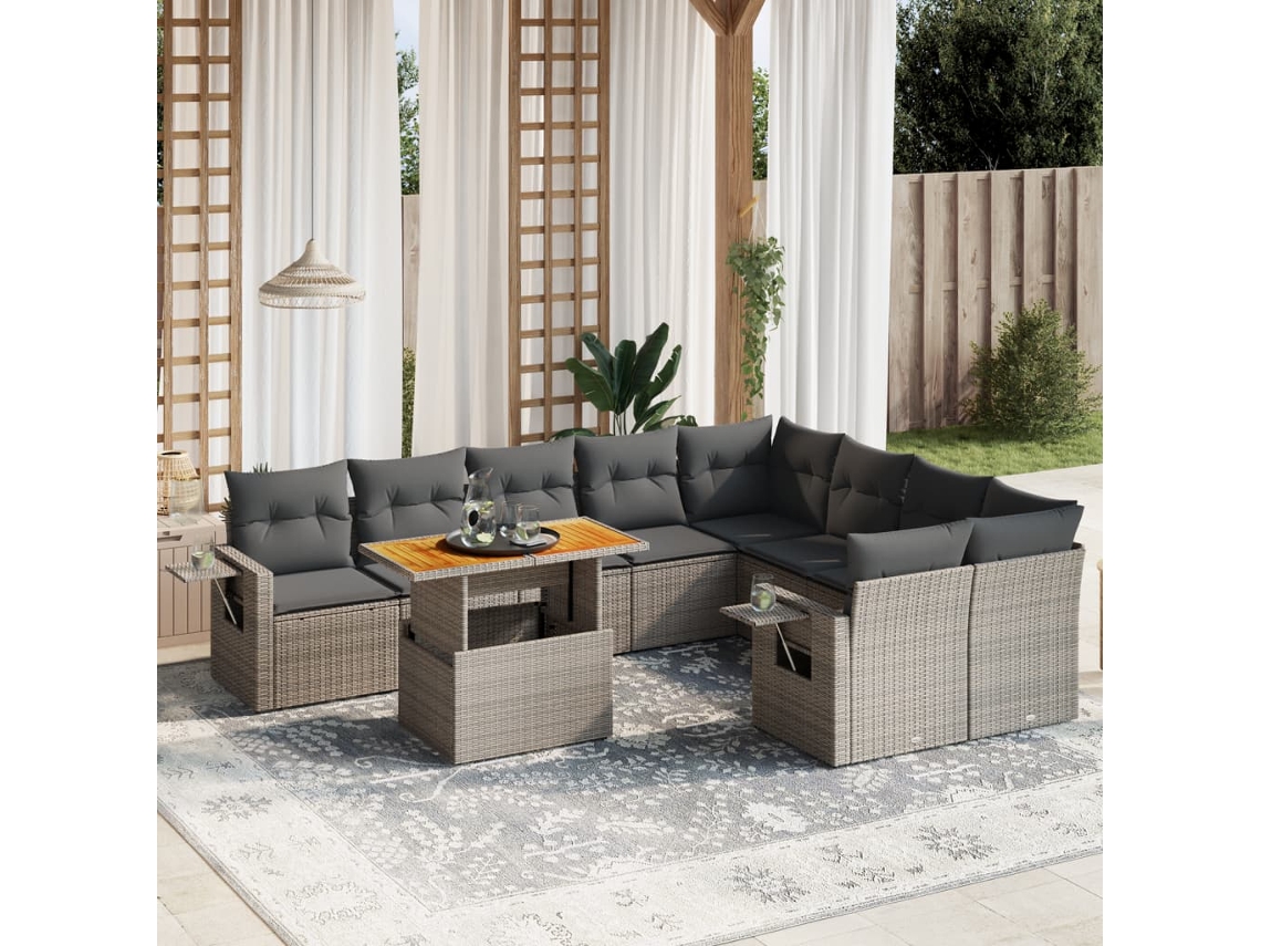Vidaxl 10 Pcs Conjunto Sofás De Jardim C/ Almofadões Vime Pe Cinzento