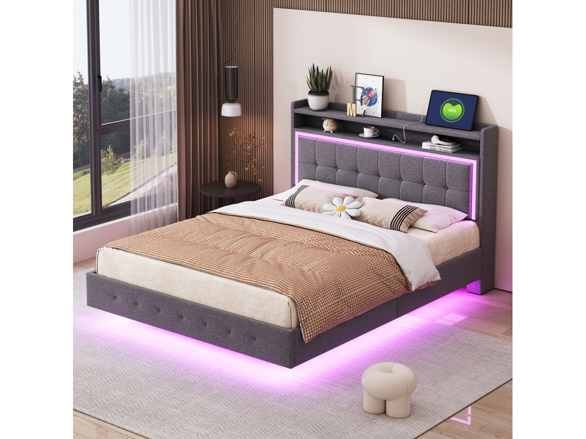Cama Casal Cinza 140x200cm Estofada, Linho, Led, Usb, Pés Escondidos.-op