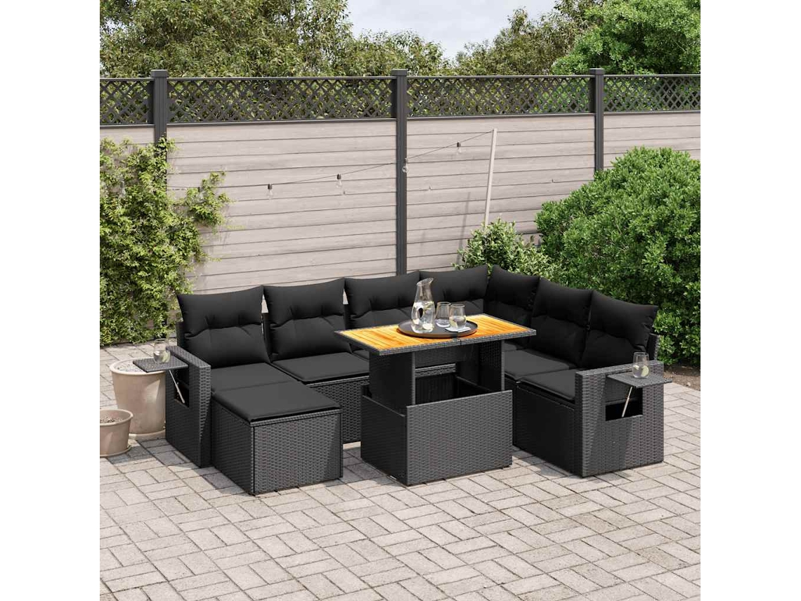Vidaxl 8 Pcs Conjunto Sofás De Jardim Com Almofadões Vime Pe Preto