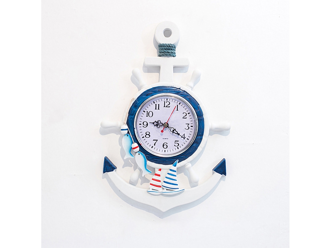 Relógio de parede Baok em estilo náutico azul e branco com design de navio, decoração personalizada, 34x23cm para escritório ou quarto.