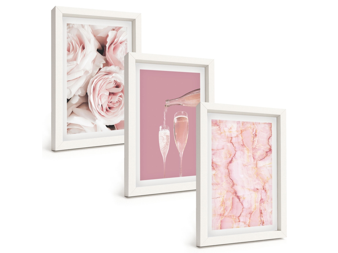 Composição De Quadros Rosas Champanhe, Fundo De Mármore Espelharte (3 Peças 20x30 Cm)