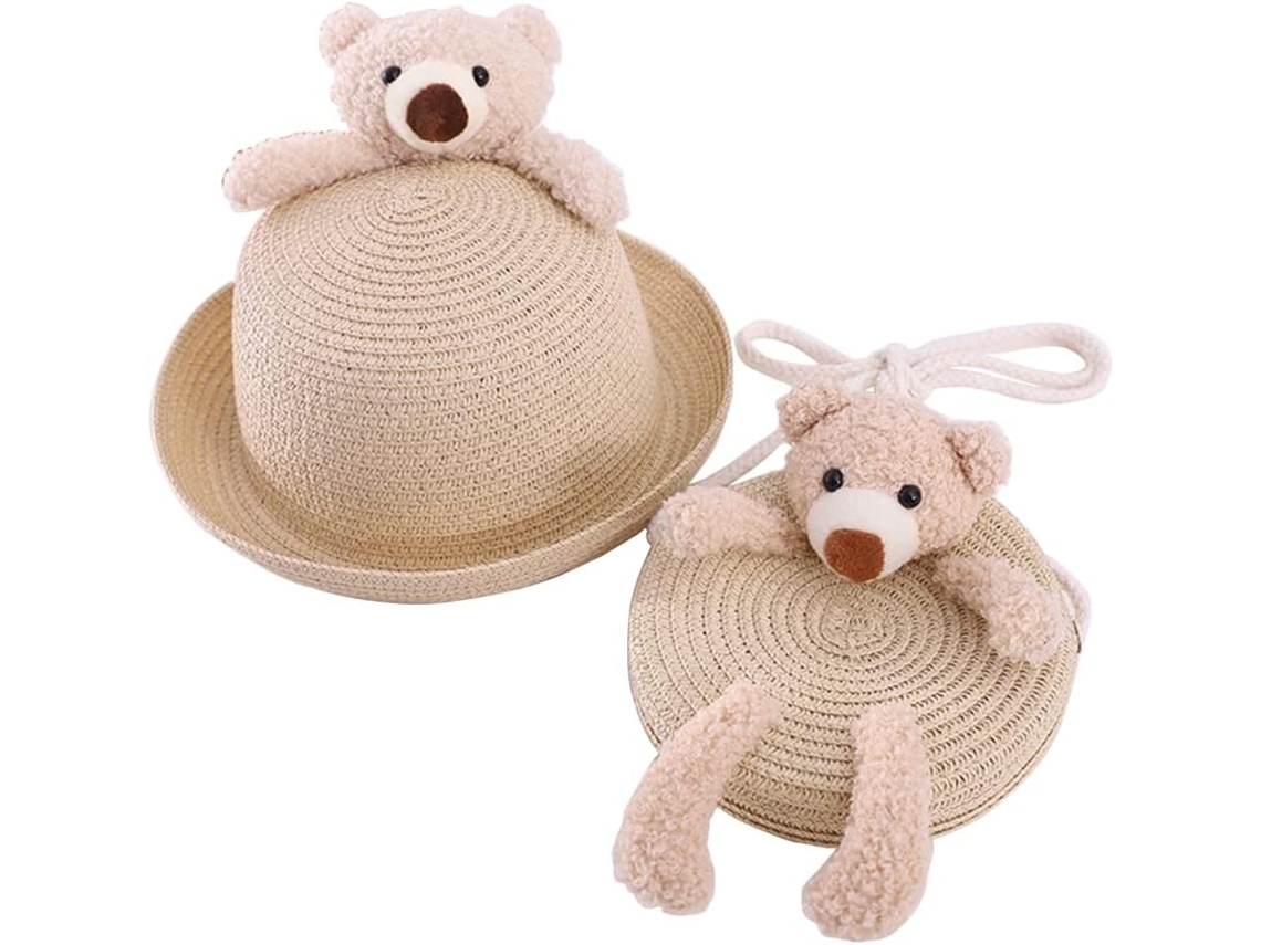 Chapéu De Palha Trançada À Mão Com Bolsa, Chapéu De Sol Para Férias Com Bolsa De Ombro Em Formato De Urso