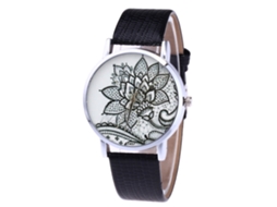 Reloj De Cuero Pu Unisex Con Patrón Floral Reloj De Cuarzo Negro Zhoulianfa