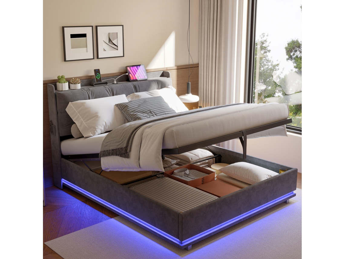 Cama Com Estofos 140x190 Cm,led Cama Hidráulica,com Uma Faixa De Luzes À Volta Da Base,cama De Casal Com Porta Usb Para Carregamento,veludo,cinzenta