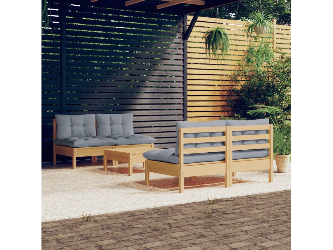 Conjunto de 5 Lounge de Jardim com Almofadões Cinzentos Pinho MAISON EXCLUSIVE