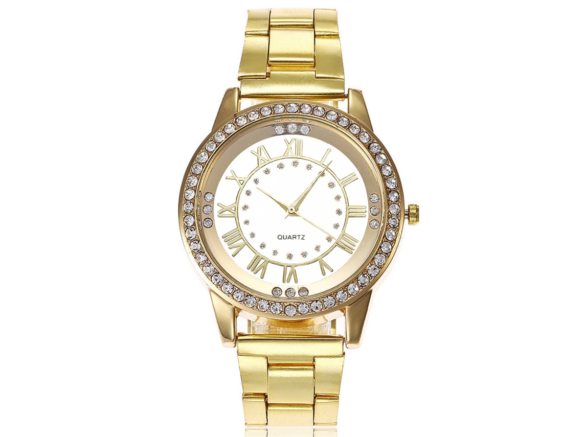 Relógio de Pulso Feminino Vansvar de Aço com Números Romanos e Strass Branco Dourado