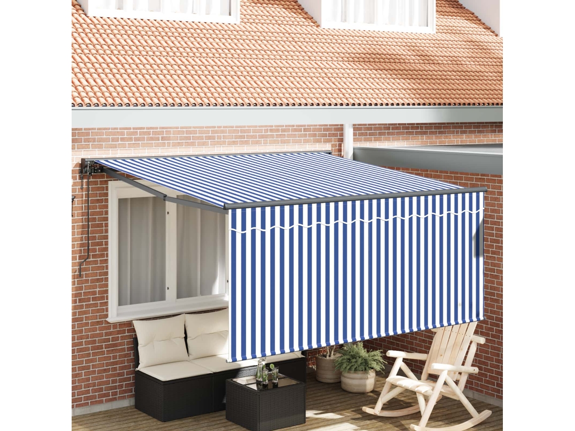 Vidaxl Toldo Retrátil Azul E Branco 350 X 250 Cm Poliéster E Alumínio