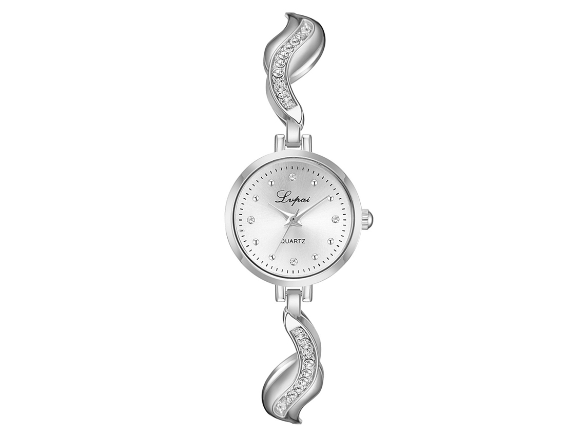 Relógio de Pulso Feminino com Pulseira de Liga e Strass Mostrador Redondo Quartzo Branco Prateado