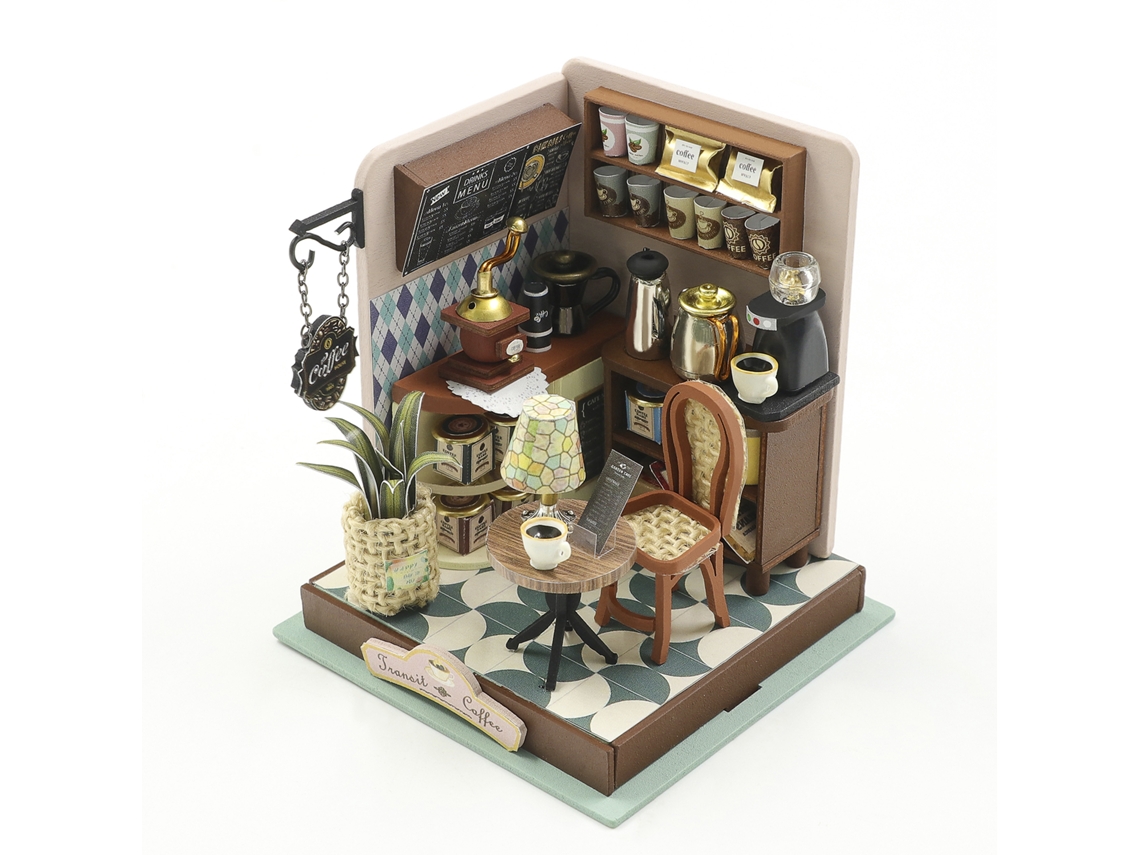 Maquete Arquitetônica 3d Artesanal Em Madeira Da Tujian Coffee, Completa Com Luzes Led Detalhadas, 9x8x8cm