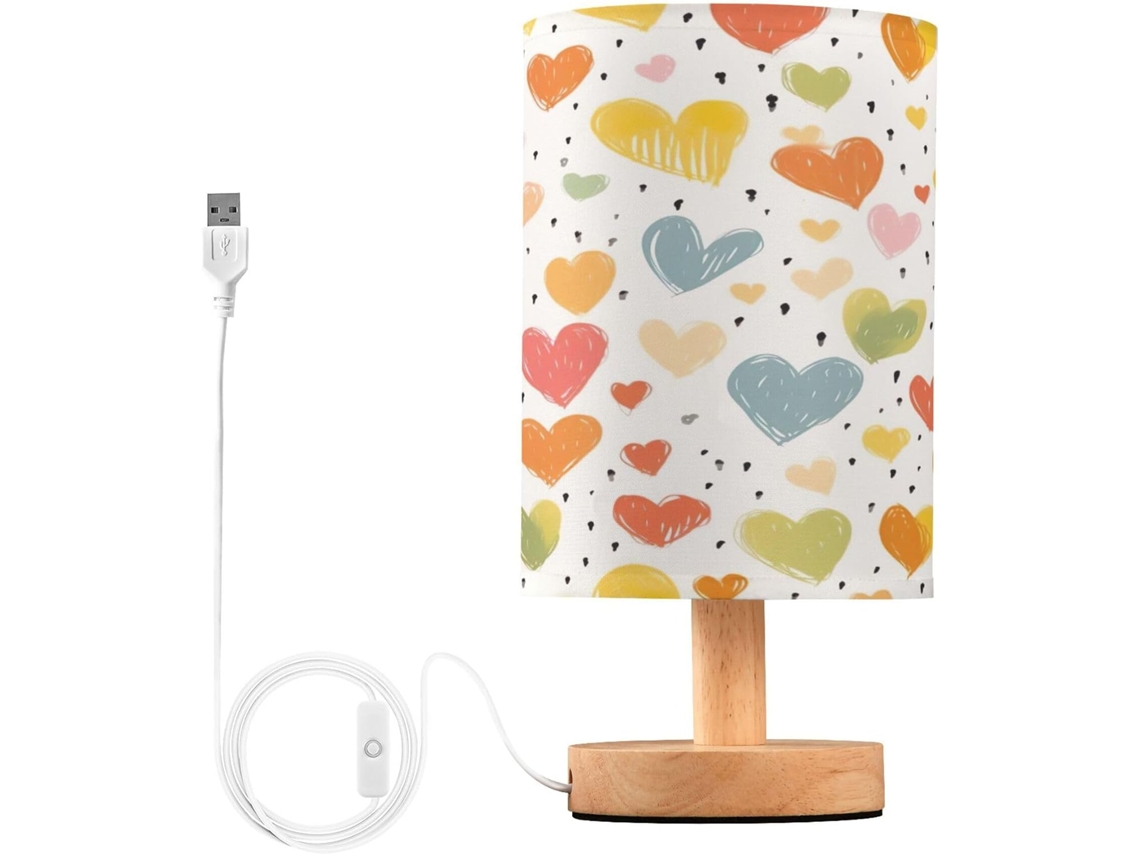 Abajur De Cabeceira Em Formato Coração Desenhado À Mão, Com Led, Cúpula De Tecido, Base De Madeira E Porta Usb, Ideal