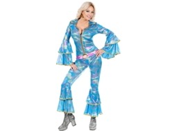 Fato de discoteca azul dos anos 70 para mulher