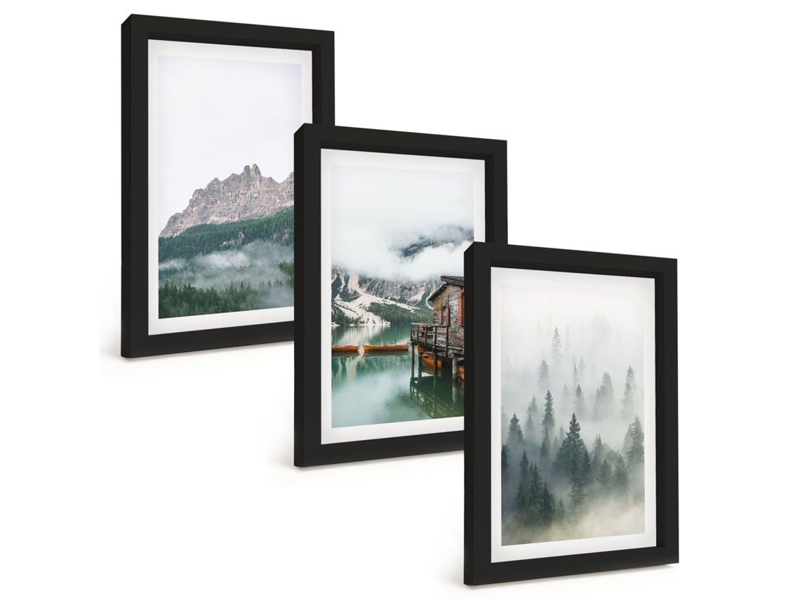 Composição De Quadrosmontanhas, Lago, Cabana Neblina Moldura Preta Imagens Para Um Quarto Infantil Espelharte (3 Peças 20x30 Cm)