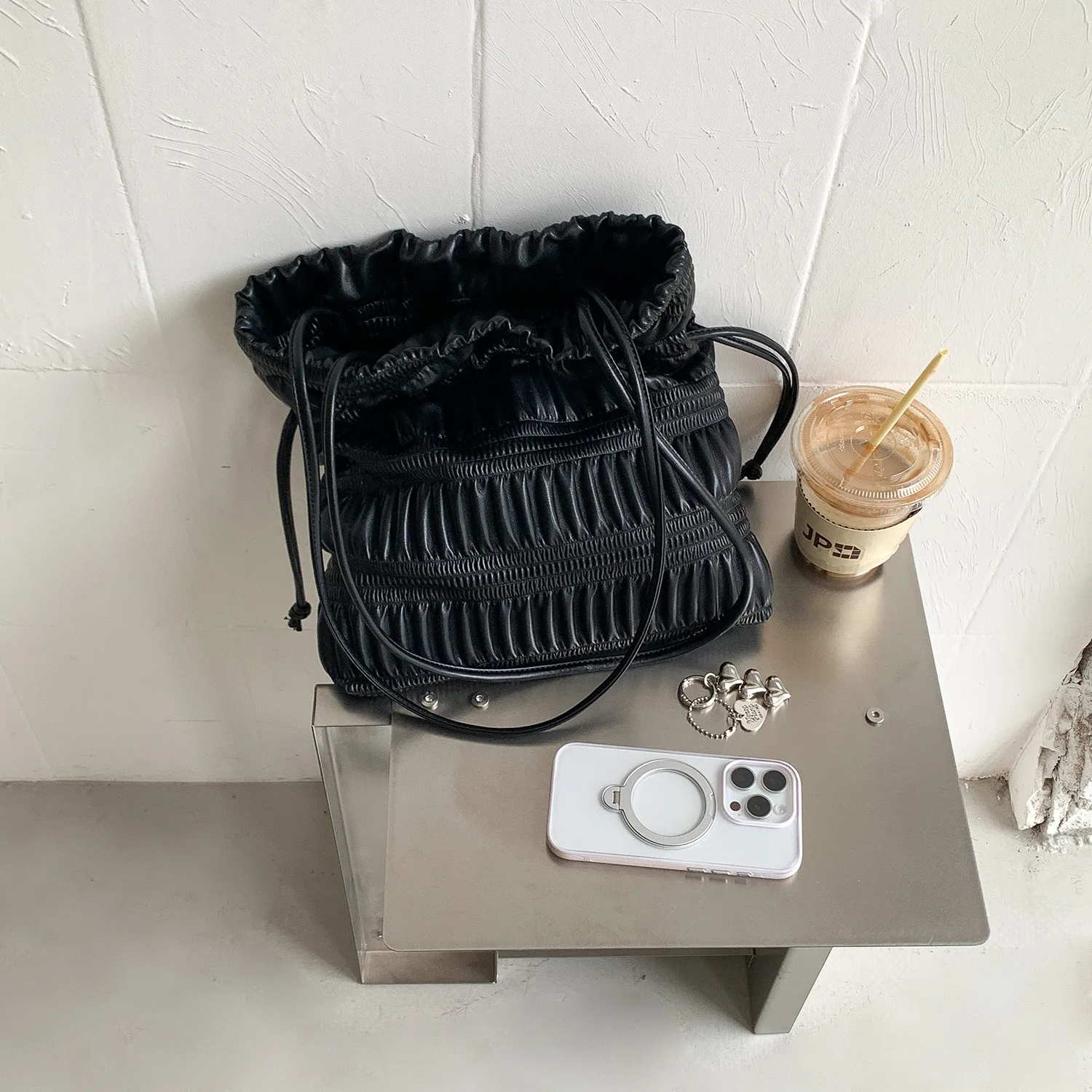 (preta) Bolsa De Ombro Feminina Moderna, Em Couro Pu, Estilo Saco Com Cordão