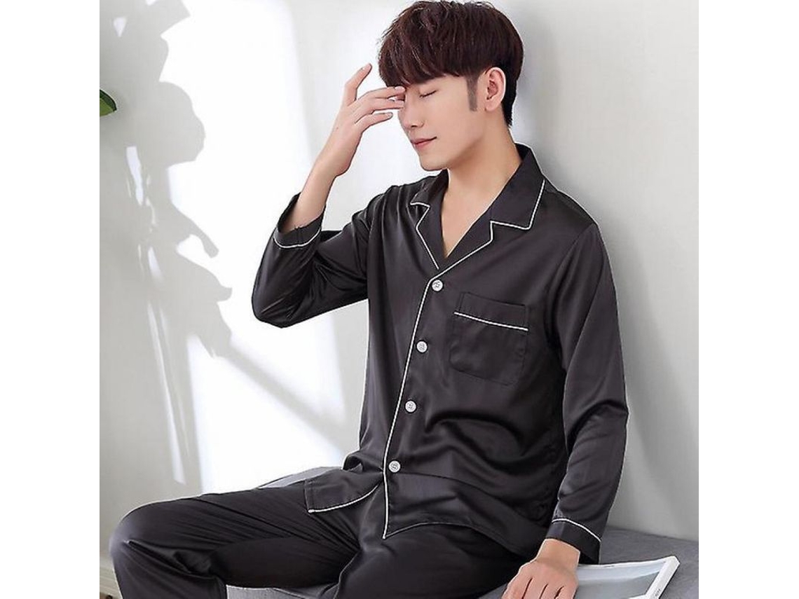2026 conjunto de Pijamas de Seda Negra para Hombre Mangas Largas Talla L XL XXL XXXL Verano L Pijama de Homem Preto