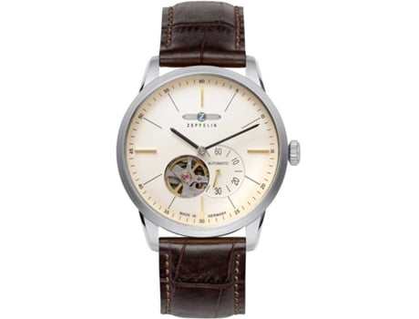 ZEPPELIN Castanho Couro Genuíno Flatline Autom. Open Heart 7364-5 Relógio para Homem