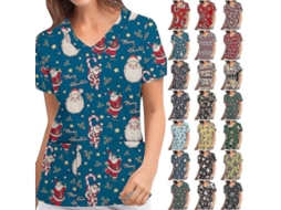 Camisa de Enfermeira de Natal Manga Curta Decote V Camisa Scrub Preto Claro S/MARCA