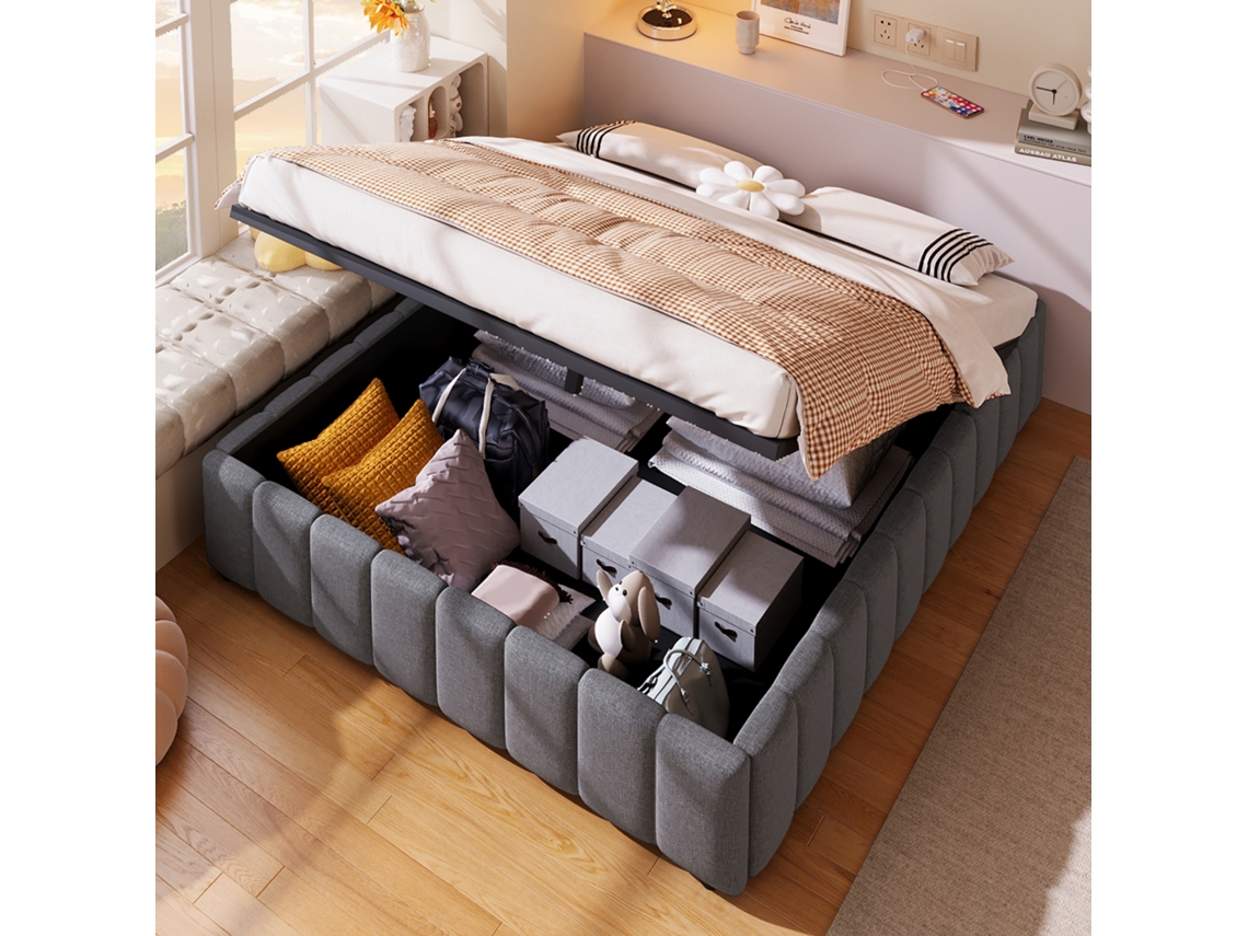 Cama Estofada, 140*200cm, Armazenamento Hidráulico, Sem Cabeceira, Sem Colchão, Cinza-op