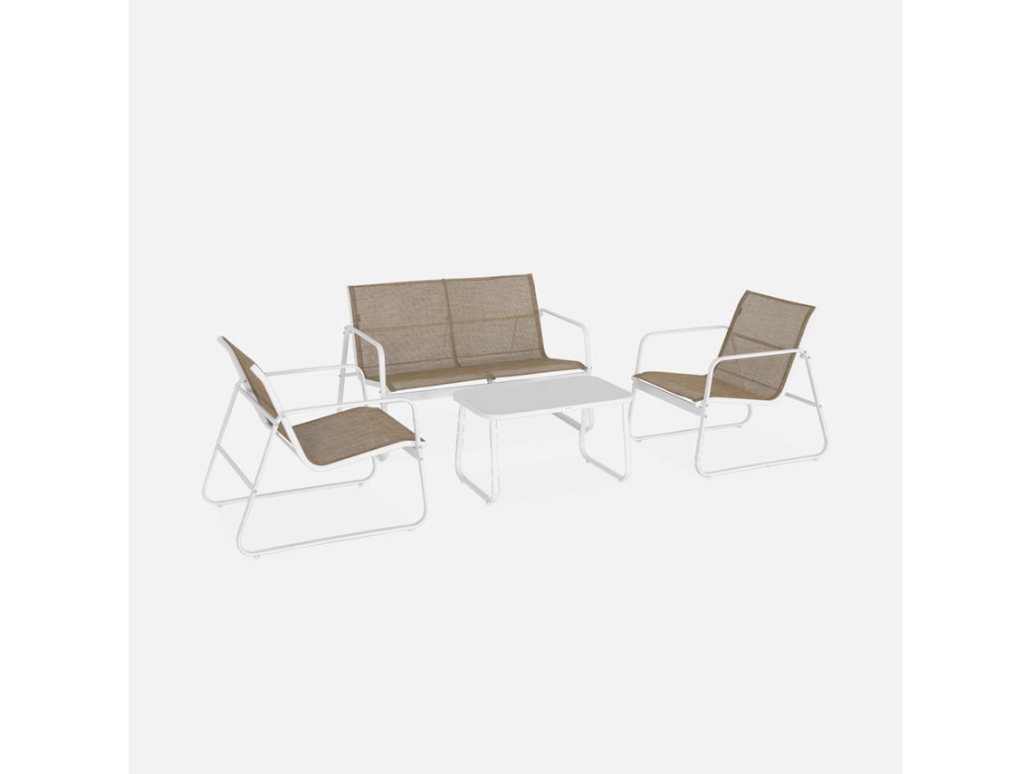 Conjunto De Jardim Com Sofá Em Metal, 4 Lugares, Branco E Natural