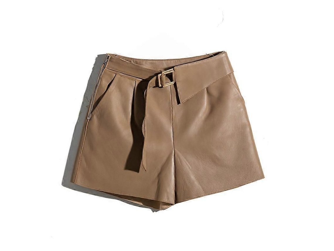 Shorts De Couro De Carneiro Genuíno Alto Cintura Feminino Preto Com Bolso Lateral E Cinto 3 Polegadas Café