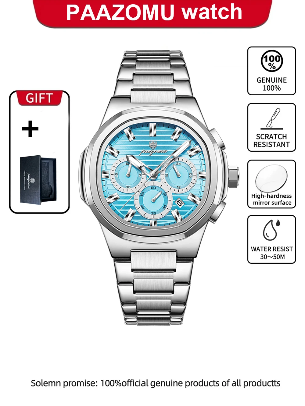 Relógio Elegante E À Prova D'água (azul Lago) Com Cronógrafo E Indicador De Data.