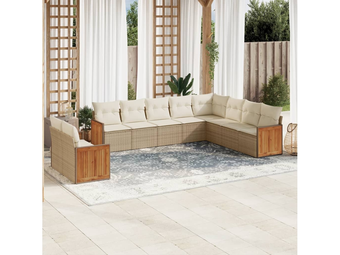 Vidaxl 10 Pcs Conjunto de Sofás P/ Jardim com Almofadões Vime Pe Bege