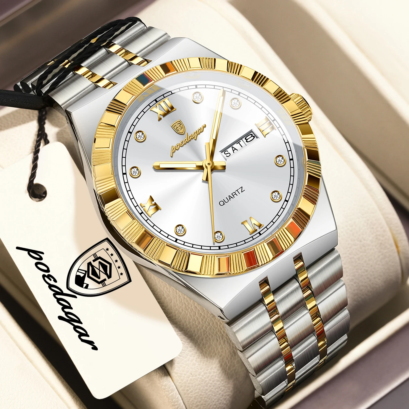 Relógio Masculino Business (dourado E Branco), À Prova D'água, Luminoso, Com Dia E Dados, Elegante Relógio Masculino De Pulso