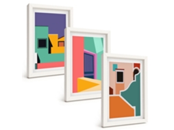 Galeria De Pinturas Na Parede Ilustrações De Cidades Coloridas Moldura Branca Quadros Para O Escritório Espelharte (3 Peças 20x30 Cm)