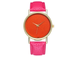 Relógio feminino casual de quartzo com mostrador laranja e pulseira de couro PU rosa e vermelha.