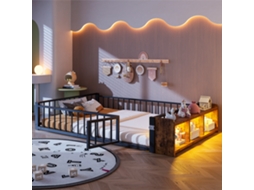 Cama Baixa 140 X 200 Cm - Sem Colchão, Com Grades Laterais, Compartimentos De Arrumação, Luzes Led - Preto