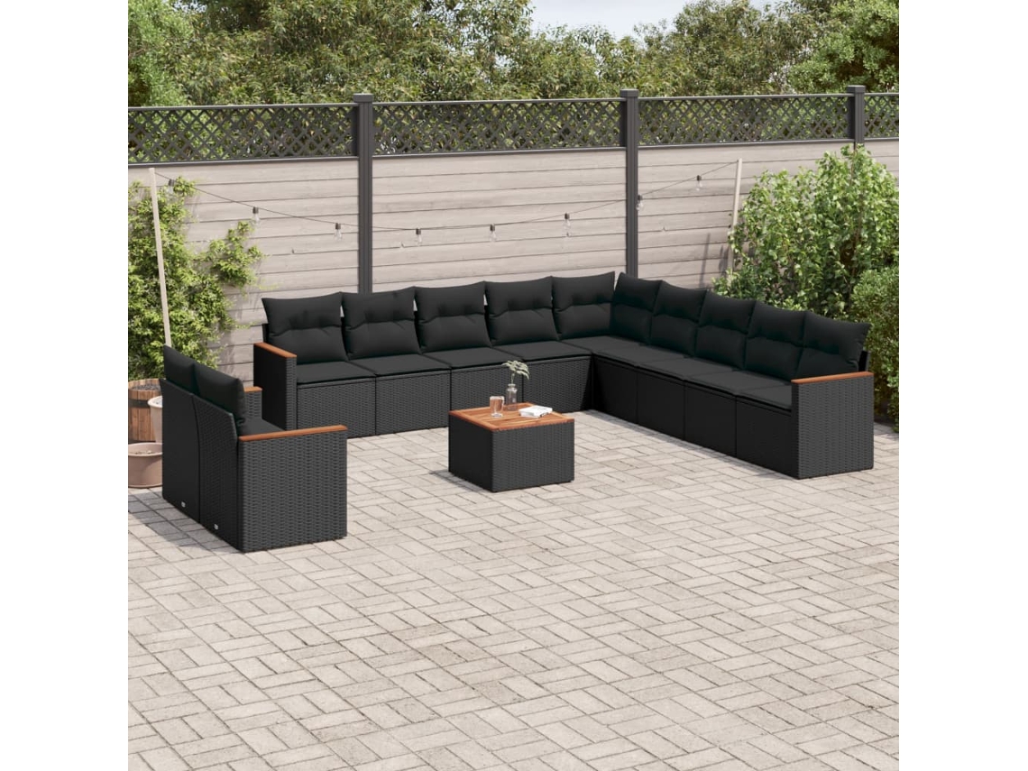 Vidaxl 12 Pcs Conjunto De Sofás De Jardim C/ Almofadões Vime Pe Preto