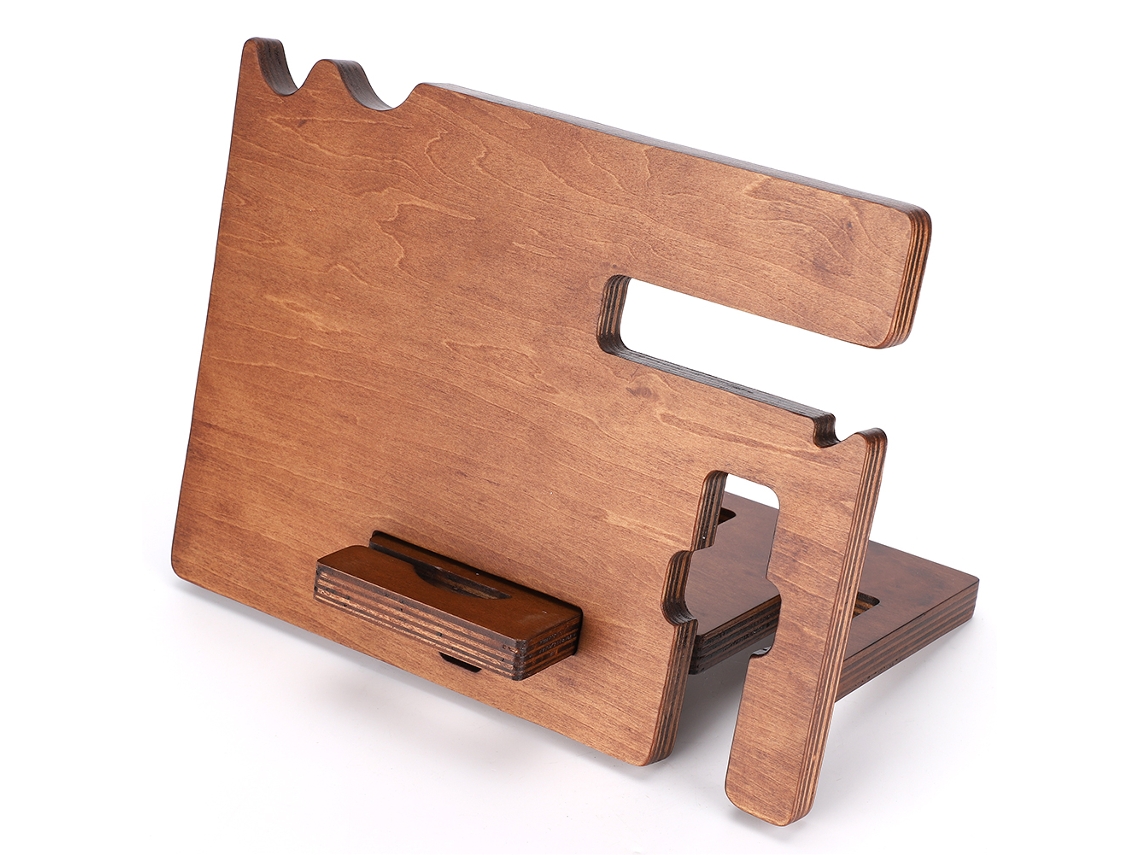 Suporte multifuncional de bambu para celular, relógio e óculos.