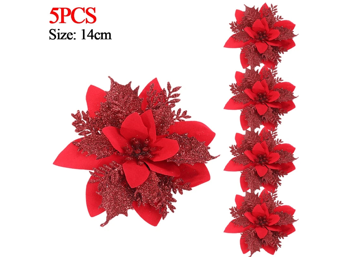 5/10 Unidades De Flores Artificiais De Natal Em Formato De Poinsétia Com Glitter, 14 Cm, Com Prendedores, Para Decoração De Árvore Aquaforge