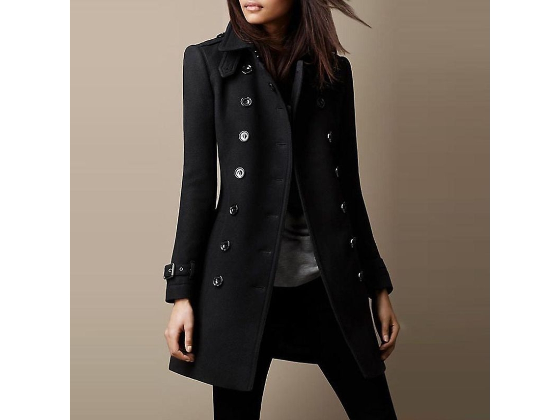 Jaqueta de Lã Extra Longa Slim com Gola Mandarim, Fecho Duplo para Mulheres Office Winter Ages 18 35 Preto