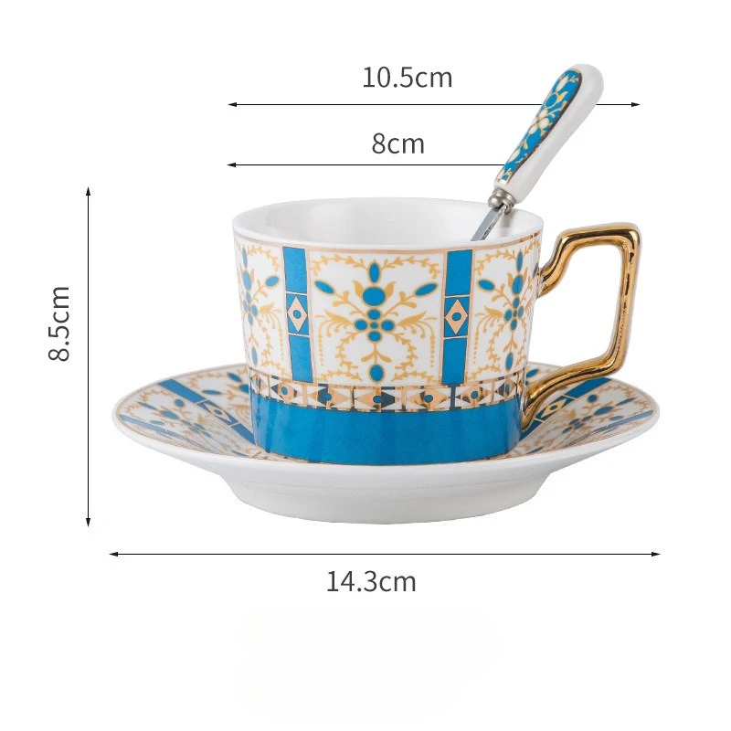 Caneca de Café de Cerâmica Banhada a Ouro em Estilo Europeu com Pires, Caneca de Luxo para Escritório. MDUG (azul Celeste, 250 Ml)
