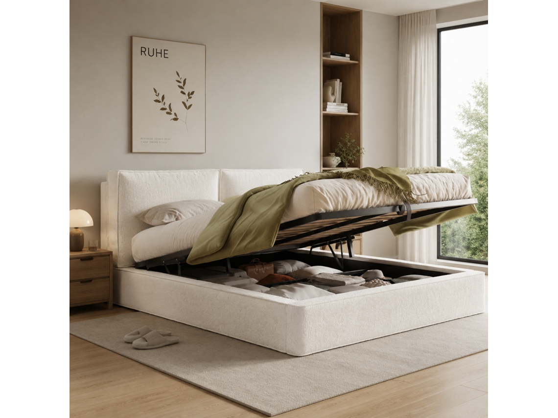 Cama Baú Capitone 180x200 Cm Com Estrado E Cabeceira Bouclé Bege Sem Colchão