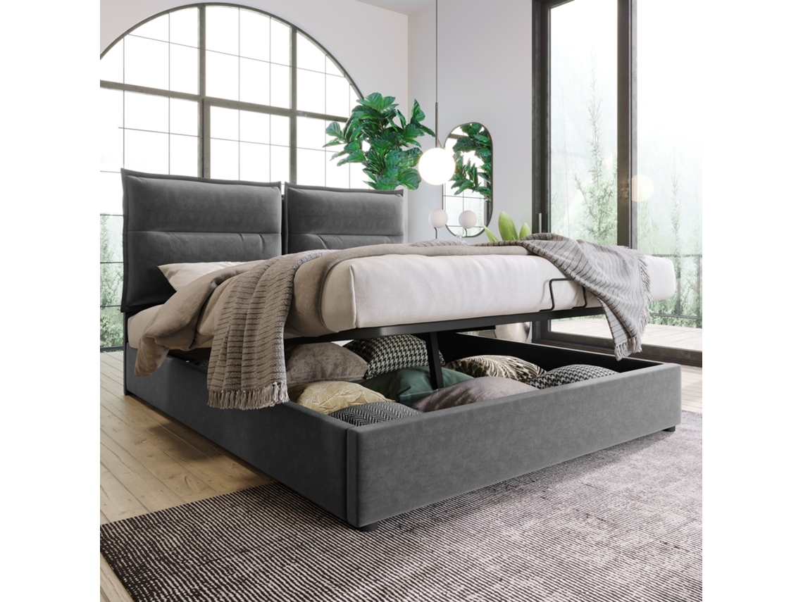 Cama Hidráulica Casal 140x200cm Armário Cabeça Ajustável Cinza