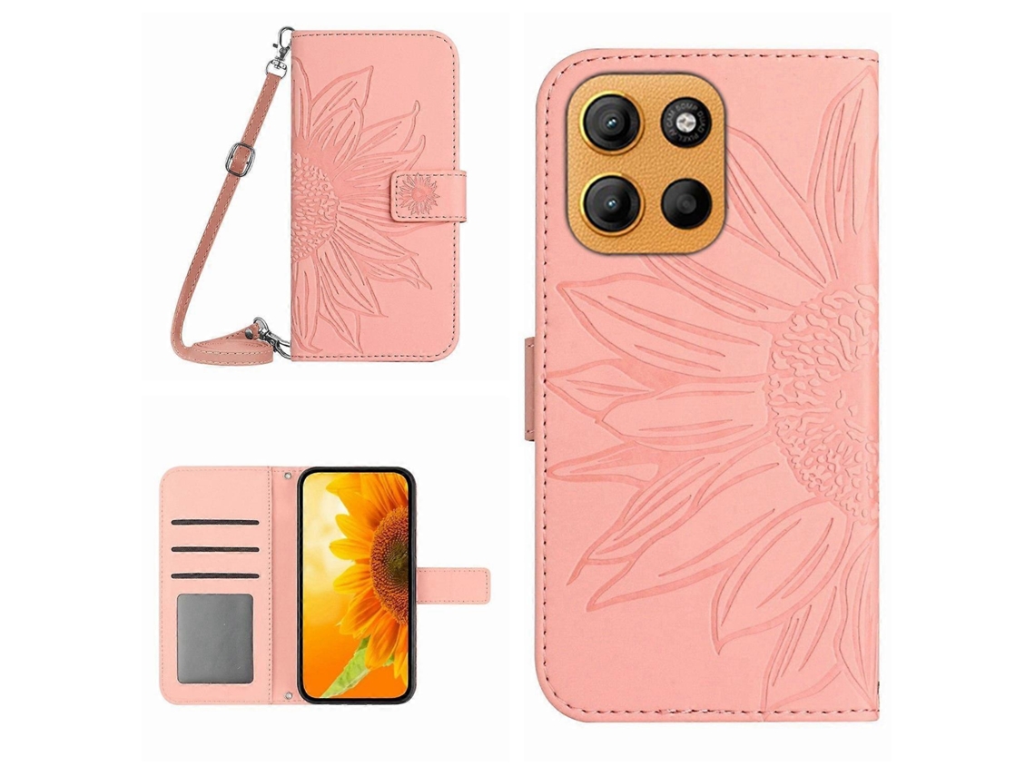 Capa De Celular Flip Em Couro Sintético Com Textura De Girassol E Cordão Para Motorola Moto G Stylus 5g 2025 Ht04.