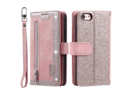 Capa De Couro Sintético Para Iphone 16e Com Zíper E 9 Compartimentos Para Cartões - Ouro Rosa