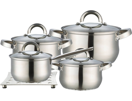 Trem Cozinha Indução Aço Inoxidável 9 Peças, Tampas Vidro Temperado  + 1 Descanso de Panela